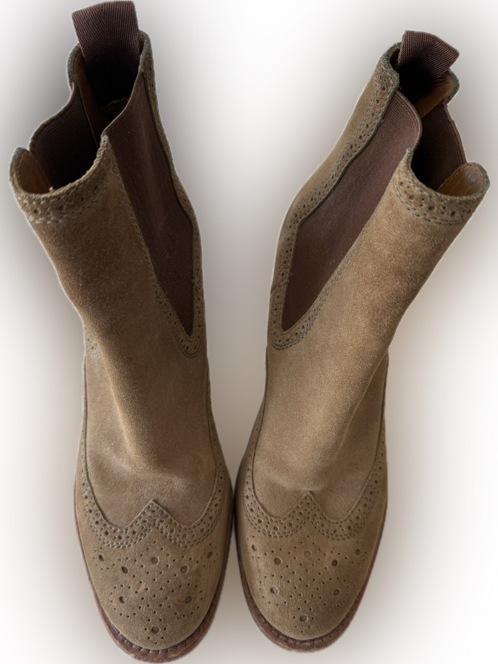 See By Chloe Tan Suede Chelsea Booties with Brogue Detailing. Size 38.